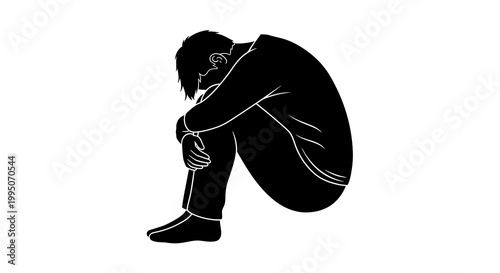 A silhouette of a person crouching with their knees drawn to their chest