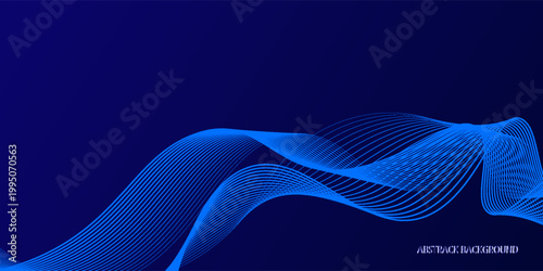 High-tech abstract background with vibrant neon blue wave streams, fine parallel line structure, flowing ribbon shapes with dynamic movement.