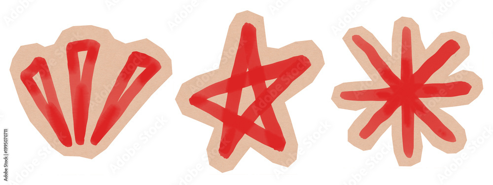 © Marharyta - Hand-drawn red star and fan shape sticker set for scrapbooking. Collection of whimsical watercolor doodle cutouts for zine and DIY projects. Isolated on transparent background (PNG format).