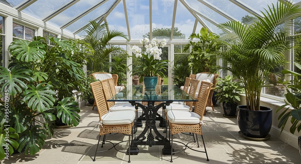 Fototapeta premium Bright Conservatory Dining Room with White Frame and Greenery