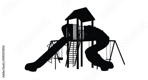 Black silhouette of a playground structure with a slide and swings