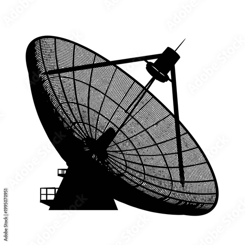 Satellite Antenna Reflector Silhouette, Parabolic Mesh Dish and Telecommunications Concept.