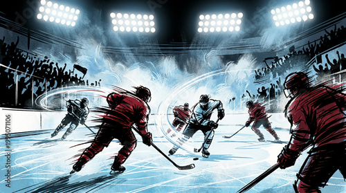 Dynamic hockey match illustration with players in motion on ice rink