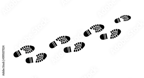 A series of black footprints creates a path across a white background