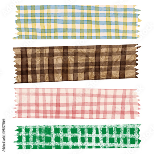 Hand-drawn watercolor washi tape set with multicolored checkered patterns and crinkled brown paper texture. Decorative strips for zine and scrapbook on transparent background (PNG)