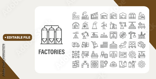 Factories web icons in line style. Production, technology, factory, industry power, manufacture. Vector illustration.