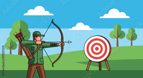 Archer aims at a target with bow and arrow in a landscape
