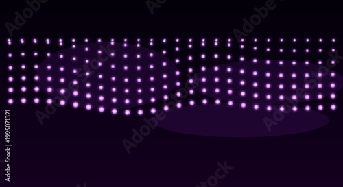 Purple stage lighting in dark room with spotlights shining down for nightclub event