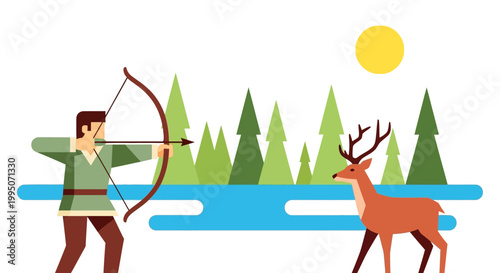 Hunter aims bow and arrow at a deer in a forest scene