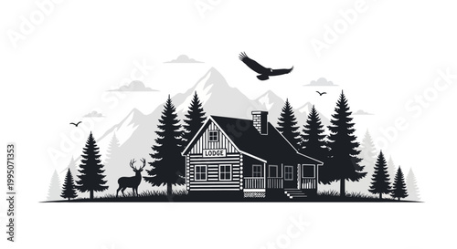 A cozy lodge sits nestled amongst mountains trees and wildlife