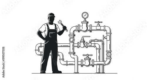 A plumber stands near complex piping with gauges and valves
