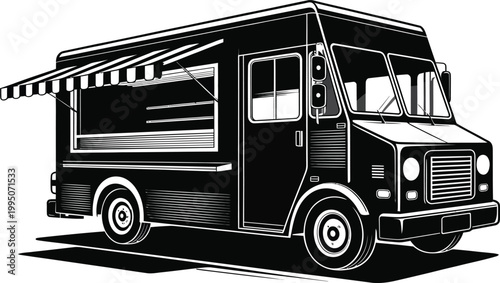 Black Food Truck with Striped Awning on White Background
