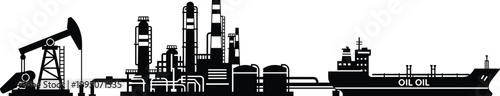 Silhouette of an oil refinery with a pumpjack, storage tanks, and a tanker ship, illustrating the oil and gas industry.