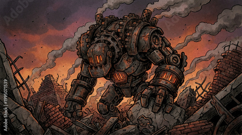 Steampunk robot standing in a ruined city landscape
