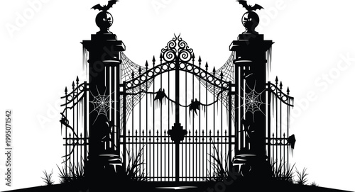 Spooky silhouette of an ornate, gothic wrought iron gate adorned with cobwebs, bats, and dripping icicles, evoking Halloween fear.