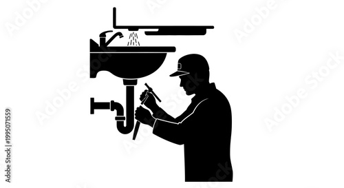 A plumber repairs a sink with tools depicted in a black silhouette