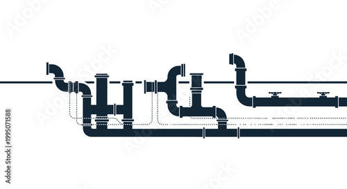 Industrial pipeline system with valves and connecting pipes illustrated in blue