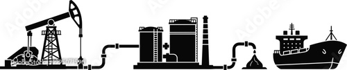 Silhouette of an oil extraction and transportation process, featuring a pumpjack, storage tanks, pipelines, and a tanker ship.