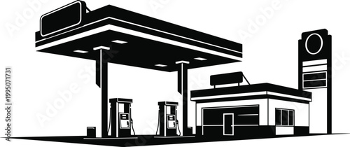 Modern gas station with pumps and convenience store, offering fuel and services for travelers on the road.