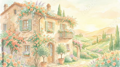 Watercolor painting of a rustic stone villa in the countryside with roses and cypress trees