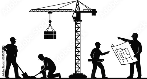 Construction site scene with workers in hard hats, a crane lifting a load, and blueprints, symbolizing building and development projects.