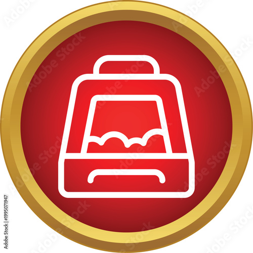 Cat litter box outline icon in a red circle with gold ring