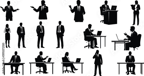 Collection of business people silhouettes in various poses, including meetings, presentations, and office work.