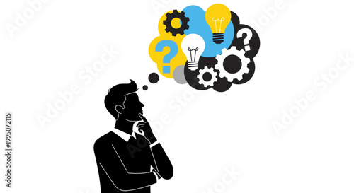 A man in deep thought surrounded by ideas questions and mechanisms