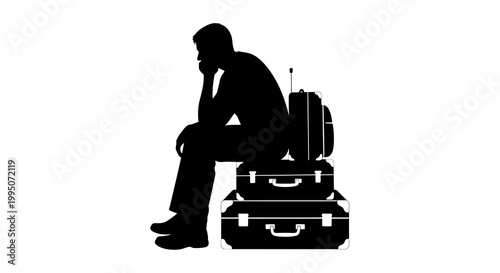 A silhouetted man sits thoughtfully on stacked luggage awaiting travel