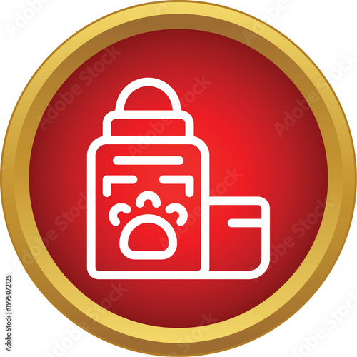 Pet medicine bottle with paw print symbol and measuring spoon icon on a red background