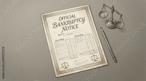 Official bankruptcy notice document with scales of justice and pencil