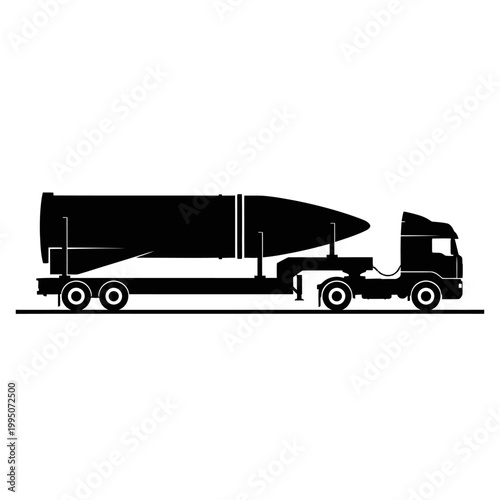 Specialized Rocket Transport Truck Silhouette, Flatbed Trailer and Aerospace Logistics Concept.