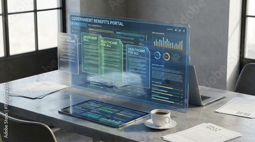 Futuristic government benefits portal dashboard interface on transparent display