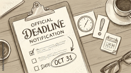 Official deadline notification document with calendar and clock sketch