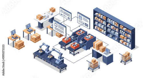Automated warehouse system with robotic arms, conveyor belts, and computer interfaces managing inventory and order fulfillment.