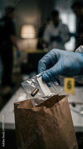 Forensic expert placing spent bullet casing into evidence bag at crime scene. Criminal investigation process with law enforcement professional collecting physical proof of murder.