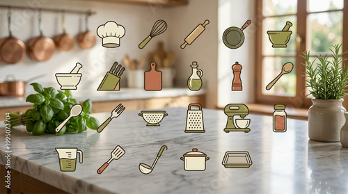 Kitchen utensils and cooking tools icon set over a marble kitchen background