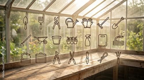 Gardening equipment icon set overlay on a greenhouse background