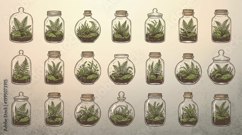 Set of decorative glass terrariums with ferns and moss