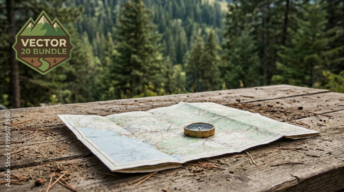 Old compass on a navigation map for wilderness exploration