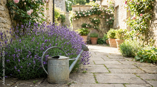Rustic English cottage garden with lavender and watering can