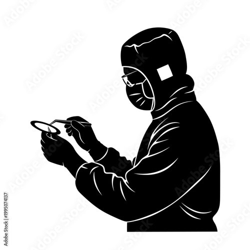 Cleanroom Worker Inspecting Wafer with Tweezers in Bunny Suit Equipment Vector Silhouette