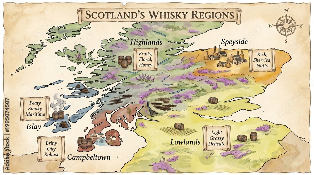 Obraz premium Discover Scotland's Whisky Regions: A Comprehensive Guide to Tasting and Tradition in Craft Distillation