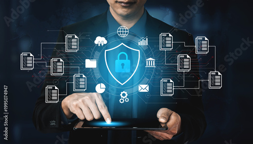 Schilderij op canvas Businessman Using Tablet for Cybersecurity Management with Digital Lock and Data Protection Icons in Futuristic Environment Ledger