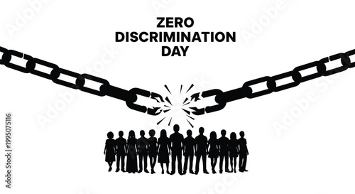 Breaking chains symbolizes zero discrimination day with diverse silhouettes of people united