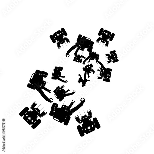 Swarming Mobile Robot Group Silhouette, Synchronized Units and Advanced Artificial Intelligence Concept.