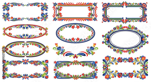 Folk Art Floral Border Set with Decorative Frames and Ornaments in Hungarian Style