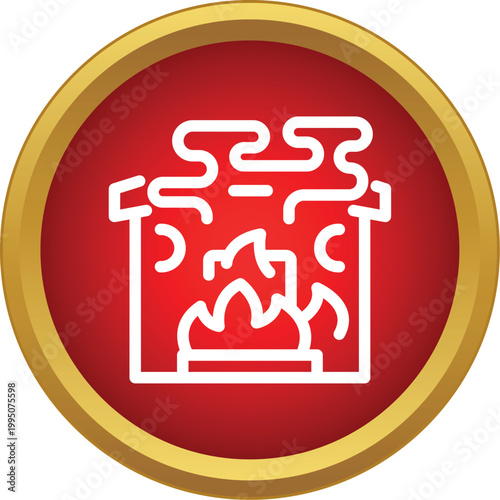 Building structure burning with flames and smoke inside a red and gold circle