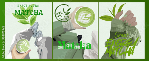 Flat lay matcha tea ingredients and accessories with vibrant green leaves and powder on mint background