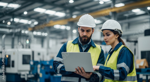 Male and Female Industrial Engineers in Hard Hats Discuss New Project while Using Laptop. They Make Showing Gestures.They Work in a Heavy Industry Manufacturing Factory.